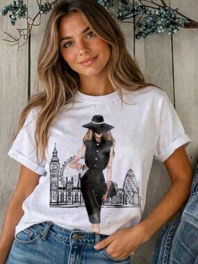 Chic Parisian-Vogue Girl Graphic Tee – London Skyline Fashion Illustration Top